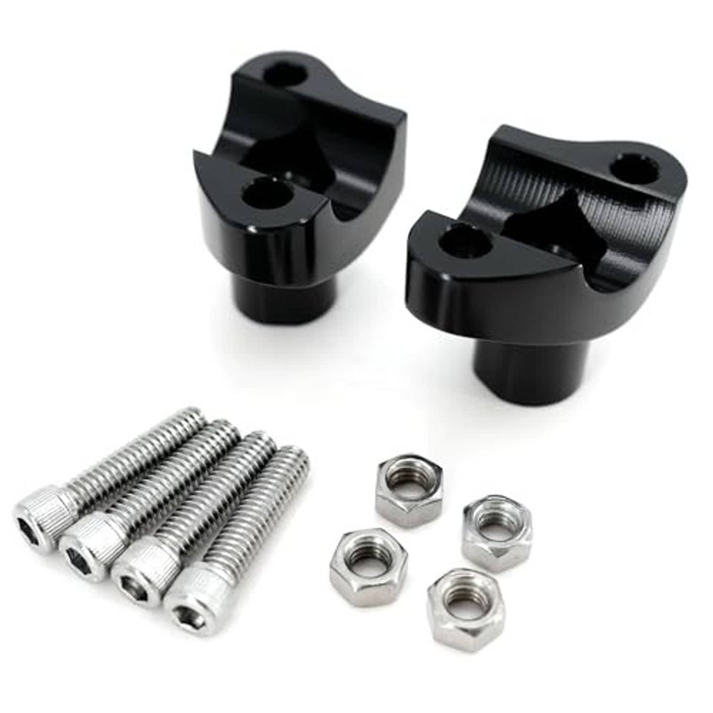 Black handlebar risers with clamp hardware: silver bolts and hex nuts