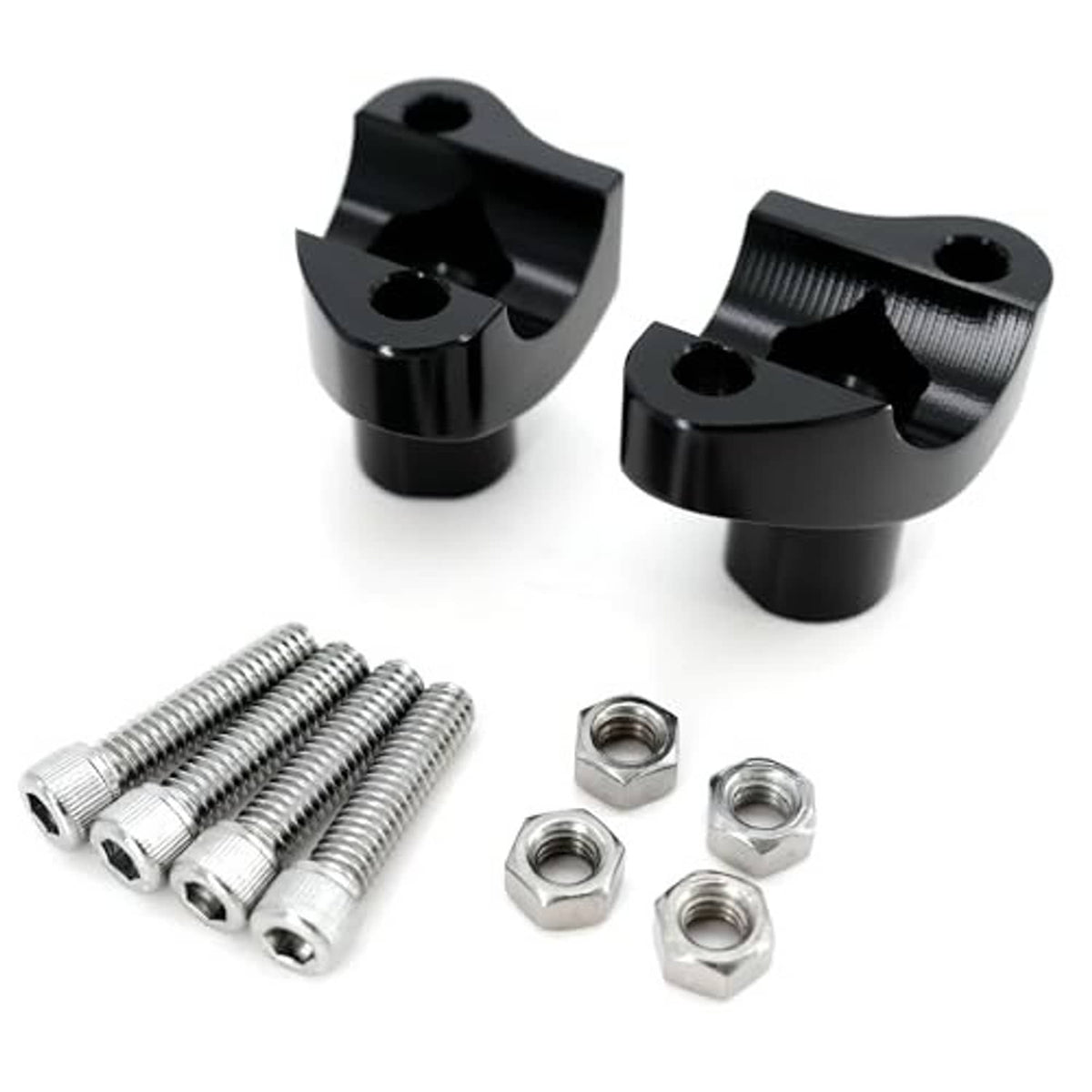 Black handlebar risers with clamp hardware: silver bolts and hex nuts