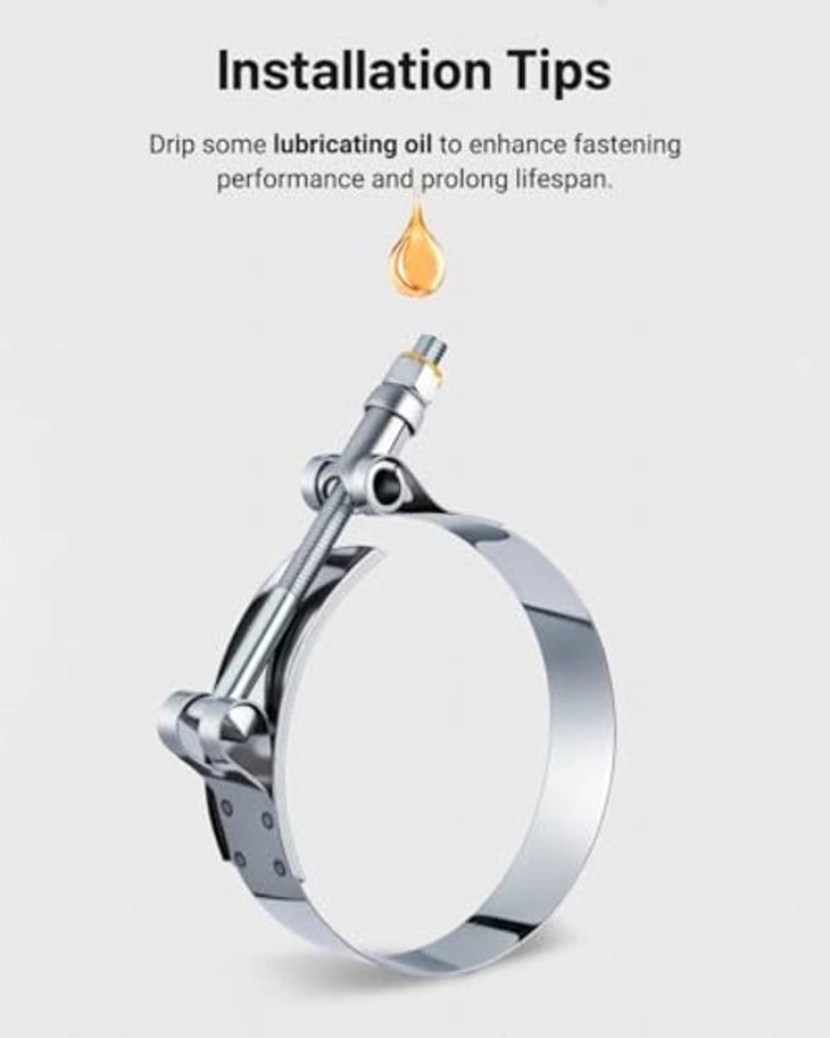 Stainless steel T-bolt hose clamp installation, metal band with tightening bolt