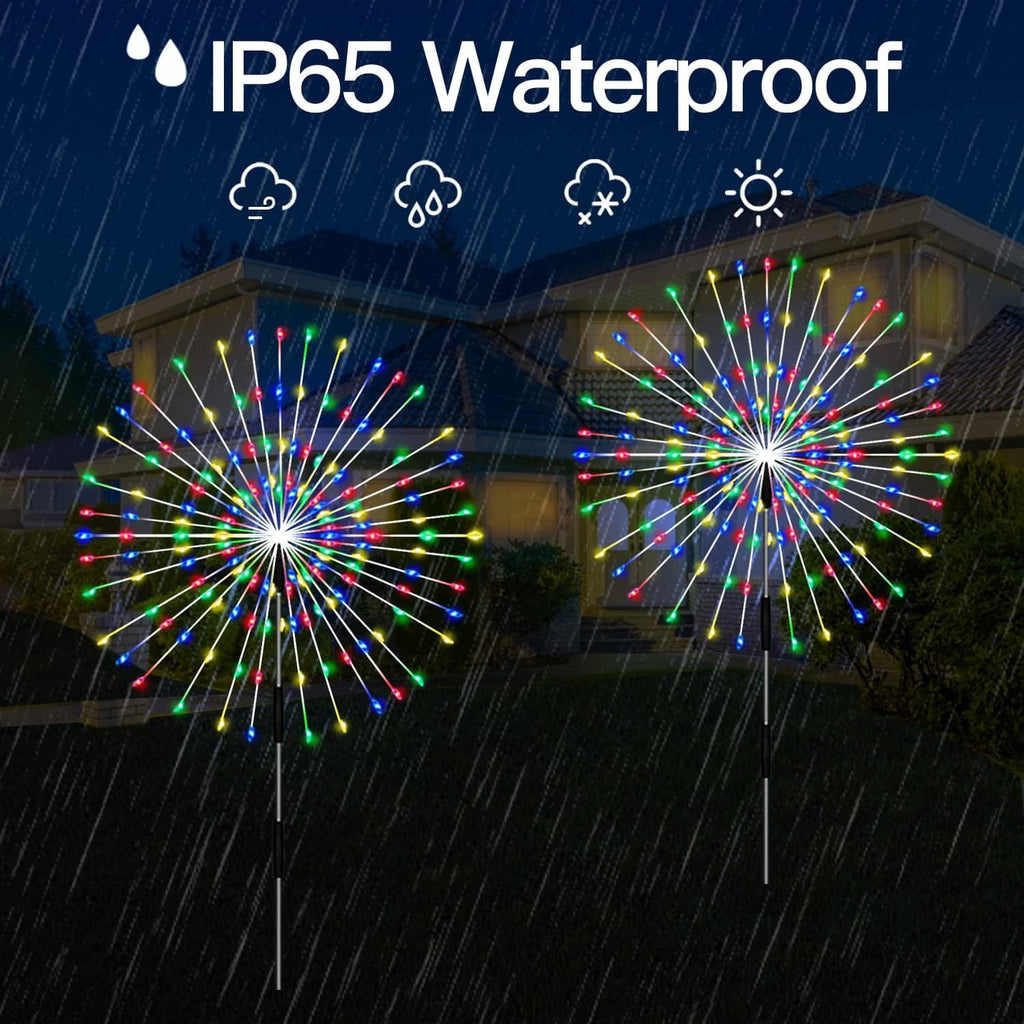 Waterproof solar firework lights with multicolor LED bursts, rain-ready
