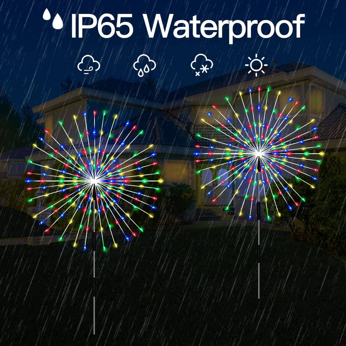 Waterproof solar firework lights with multicolor LED bursts, rain-ready