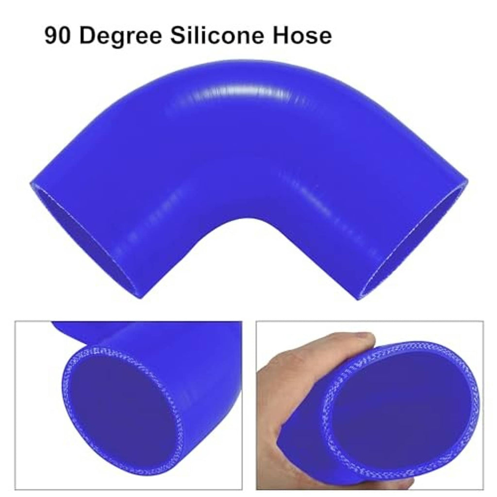 Blue 90-degree silicone hose elbow shown with two open ends and molded bend