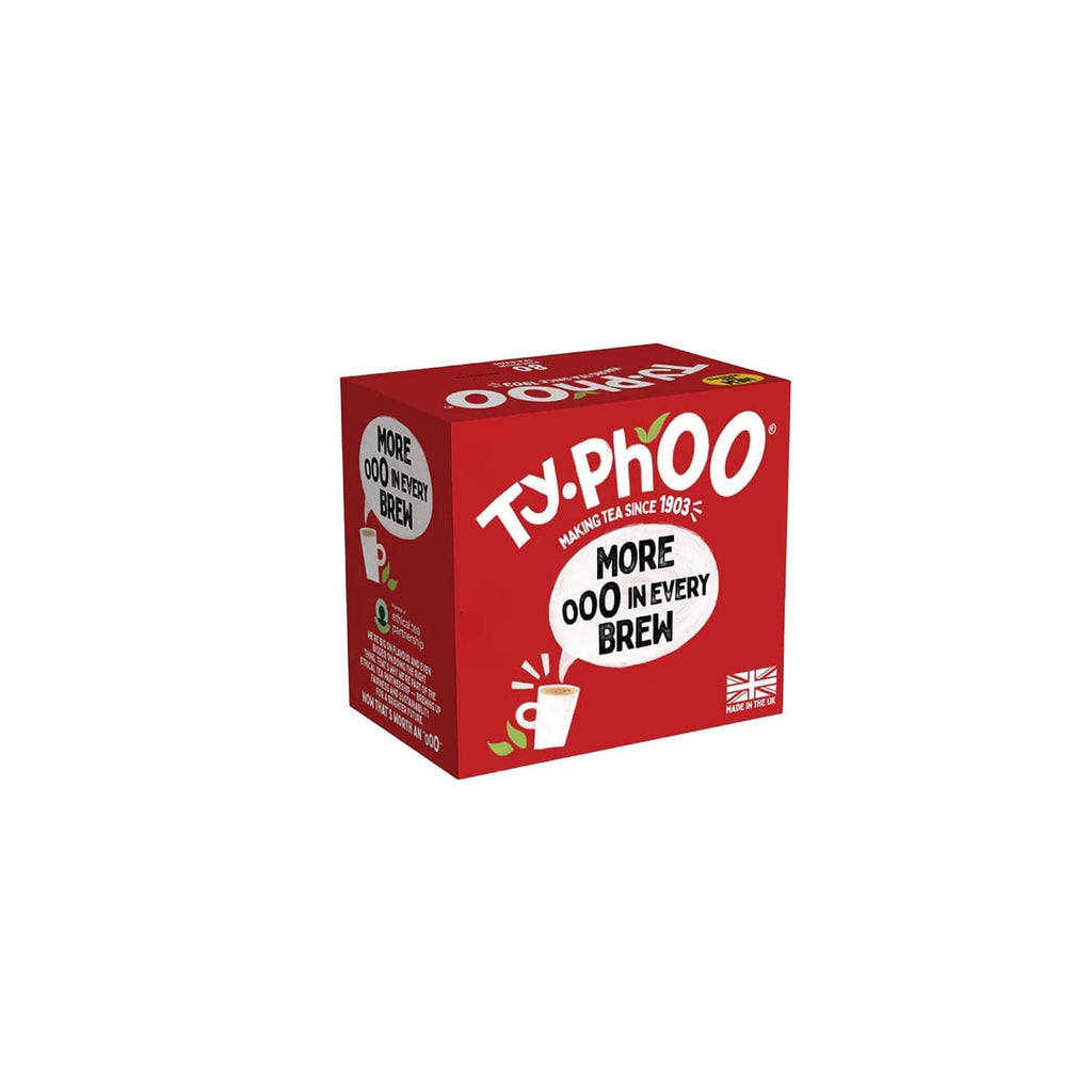 Typhoo tea bags package, red box with Typhoo logo, “More 0000 Brew” circle and cup icon