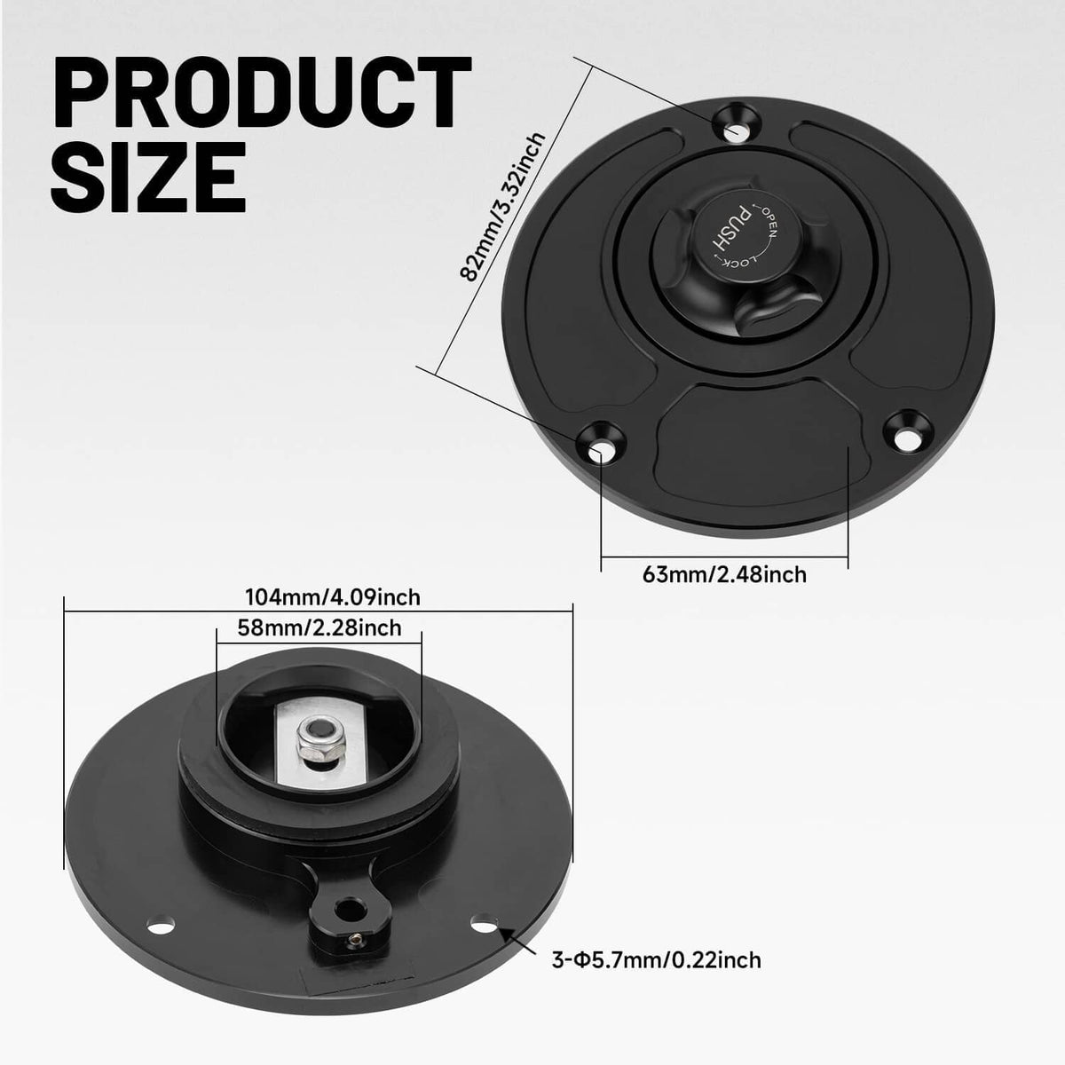 Black fuel tank cap with push-lock center and screw holes, showing underside