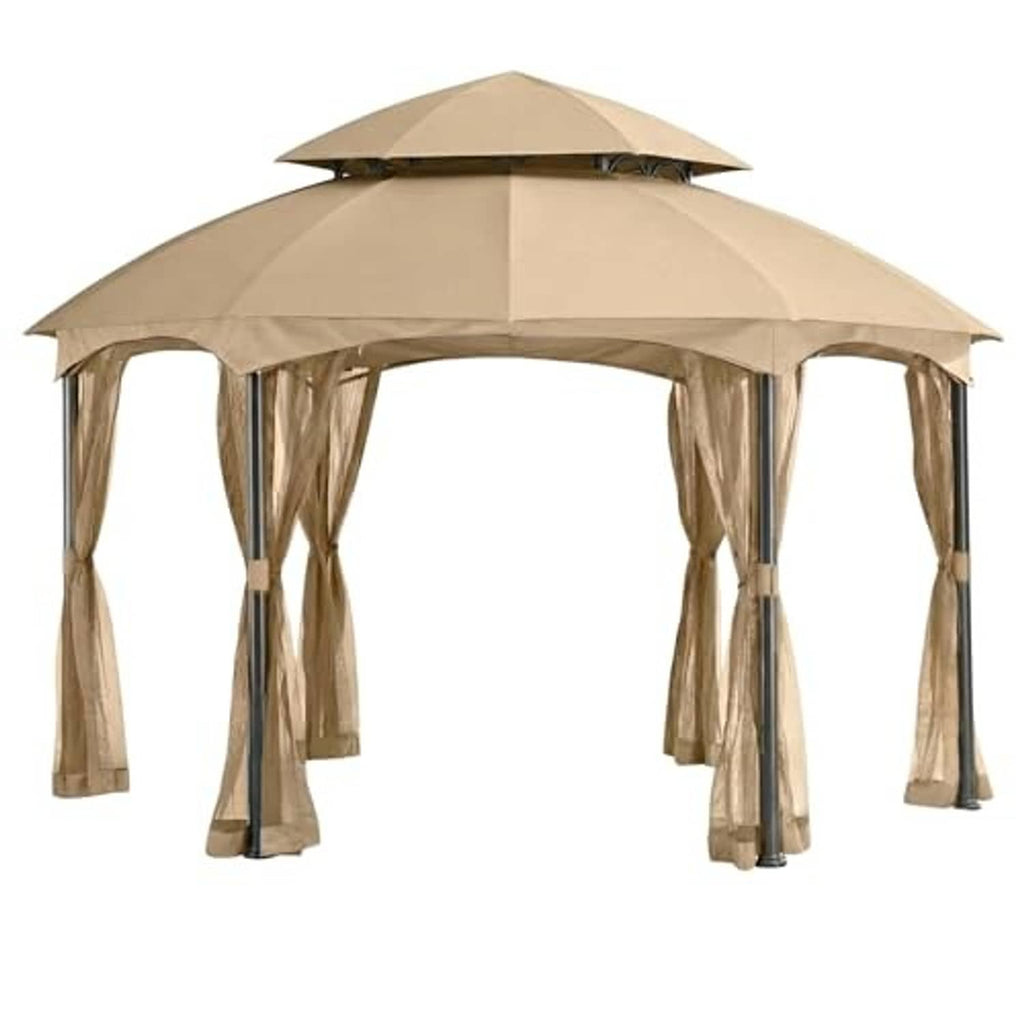 Beige replacement gazebo canopy top with netting side curtains and arched roof