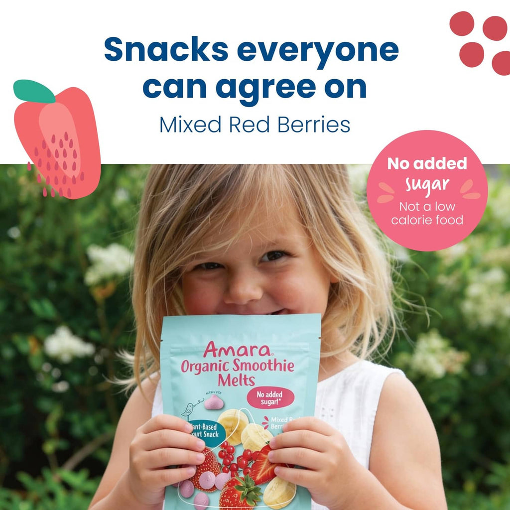 Organic smoothie melts pouch held by child, mixed red berries, no added sugar.
