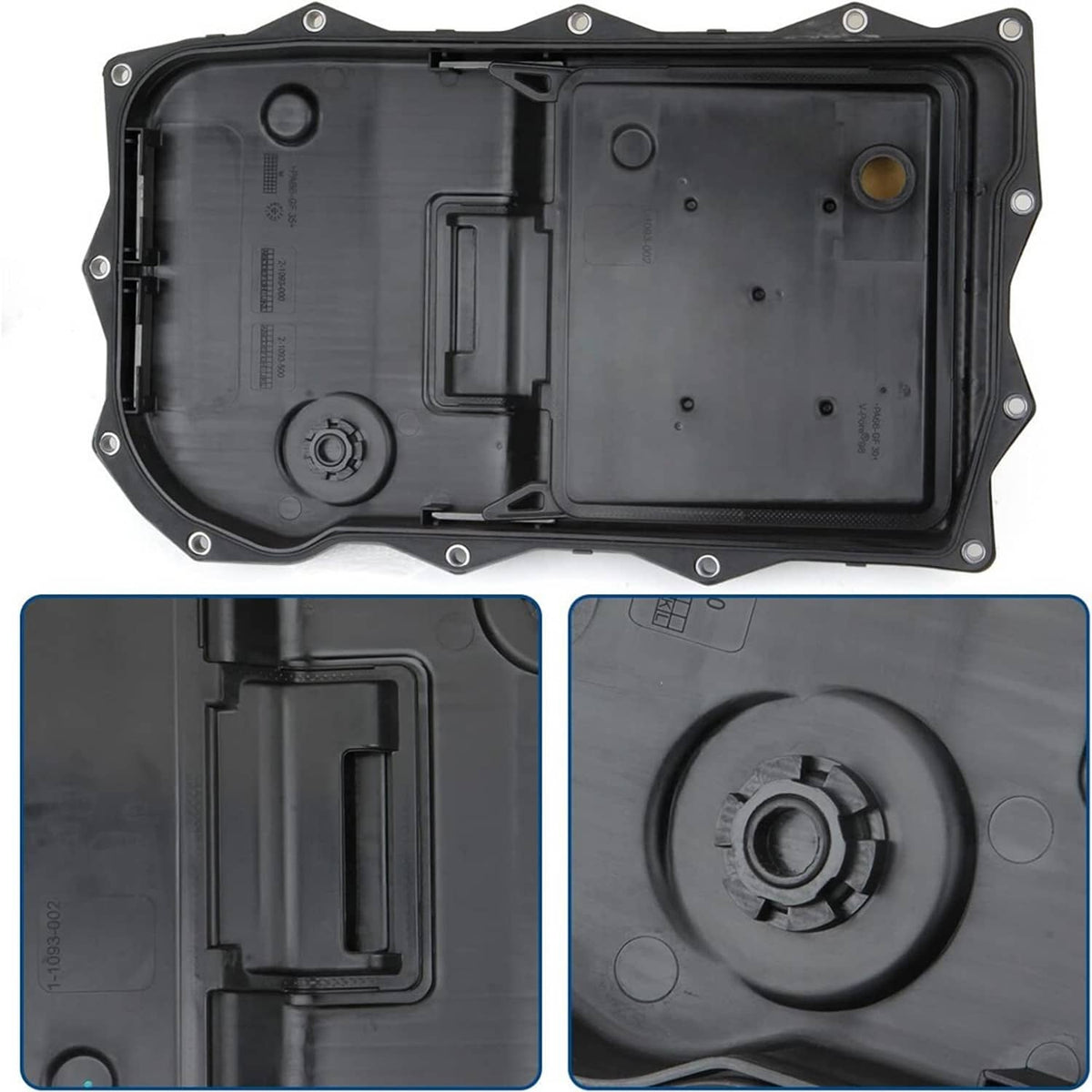 Open auto transmission oil pan housing with baffle and circular filter opening