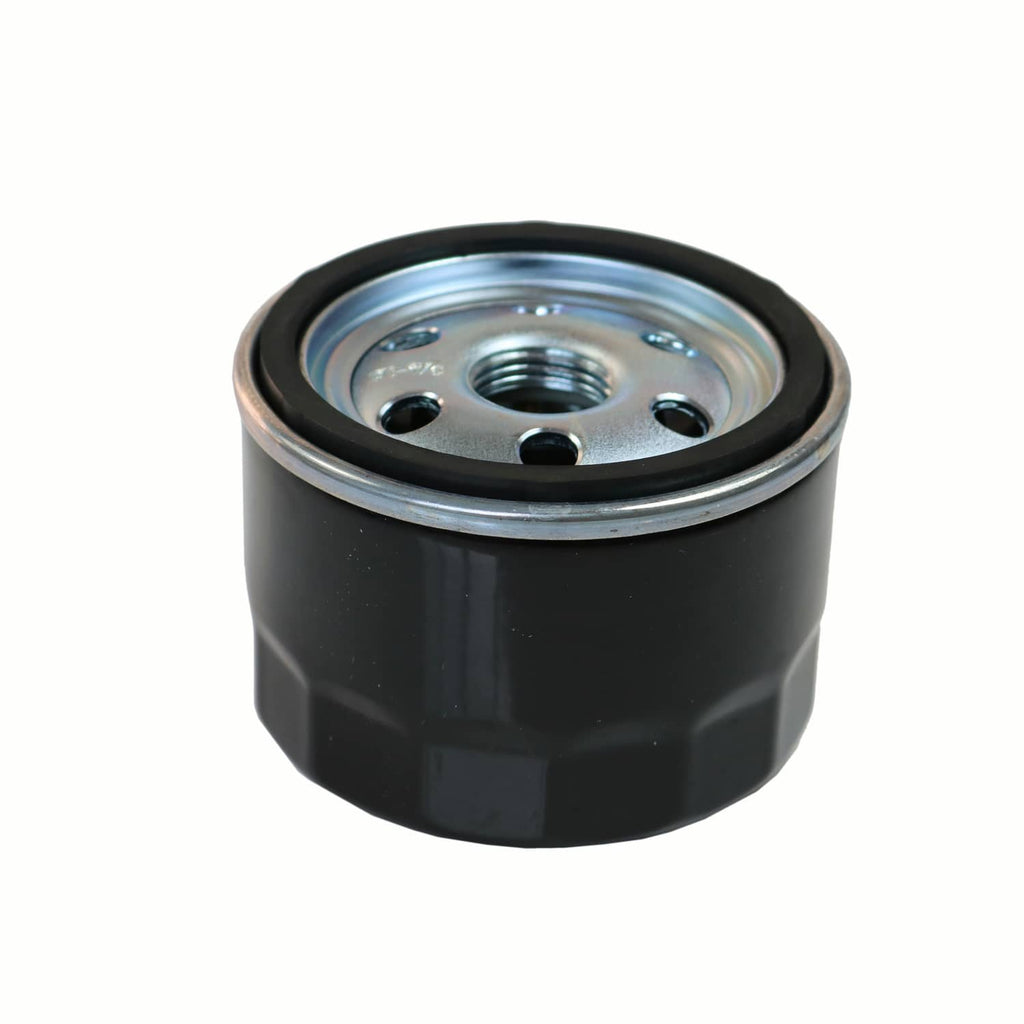 Black oil filter canister with silver metal top plate and center threaded outlet