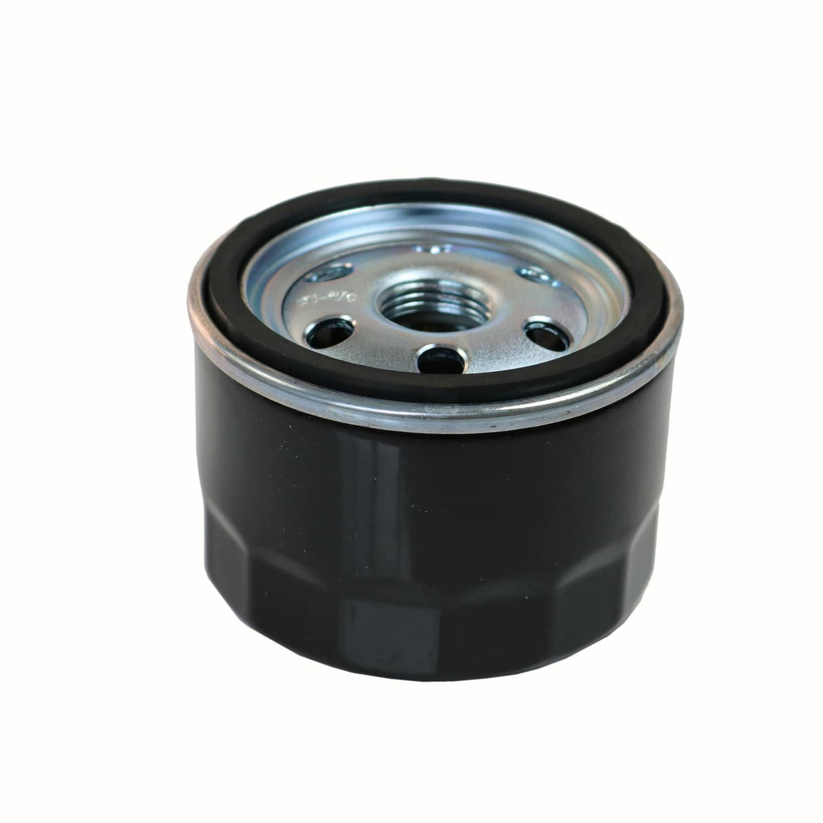 Black oil filter canister with silver metal top plate and center threaded outlet