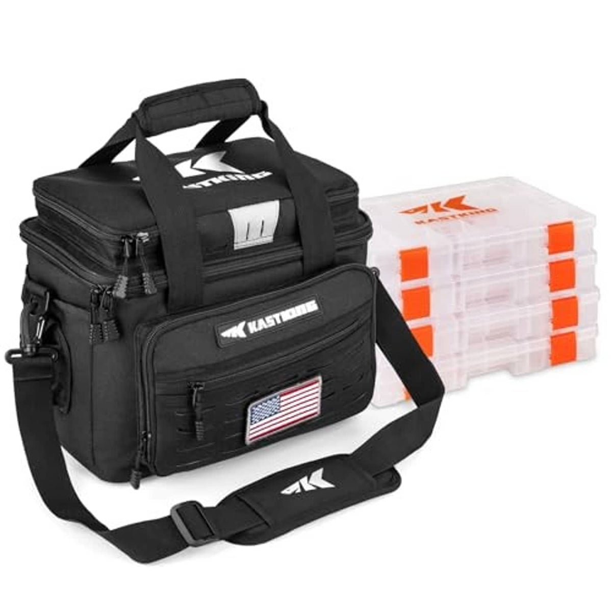 Black fishing tackle bag with shoulder strap, front organizer pocket, and side storage panel.