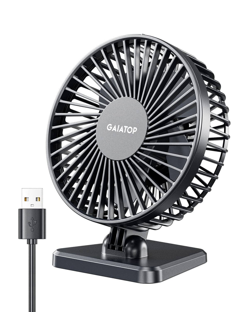 Black USB desk fan with circular grille and tilt base, front view