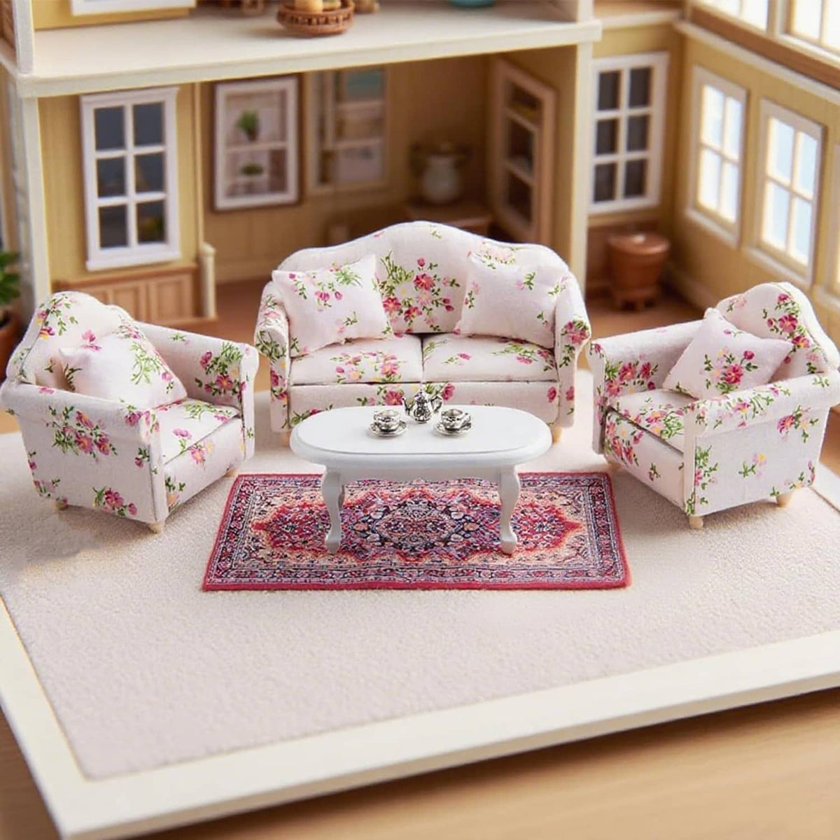 Miniature dollhouse sofa set with floral armchairs, round white table, and small rug