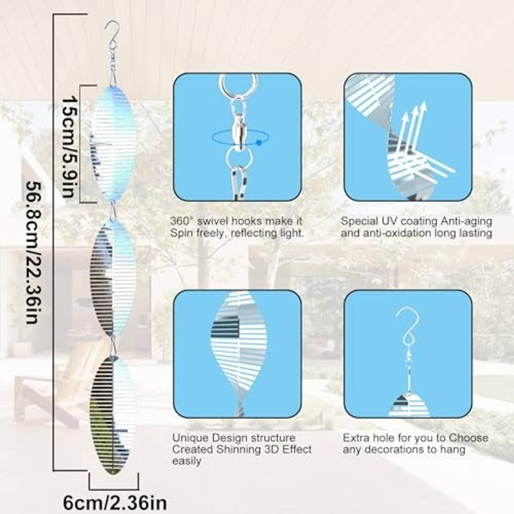 Wind spinner set with hanging stainless disc spinners shown with feature callouts