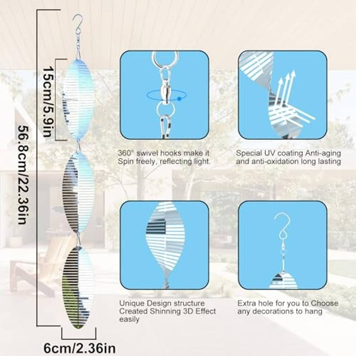 Wind spinner set with hanging stainless disc spinners shown with feature callouts