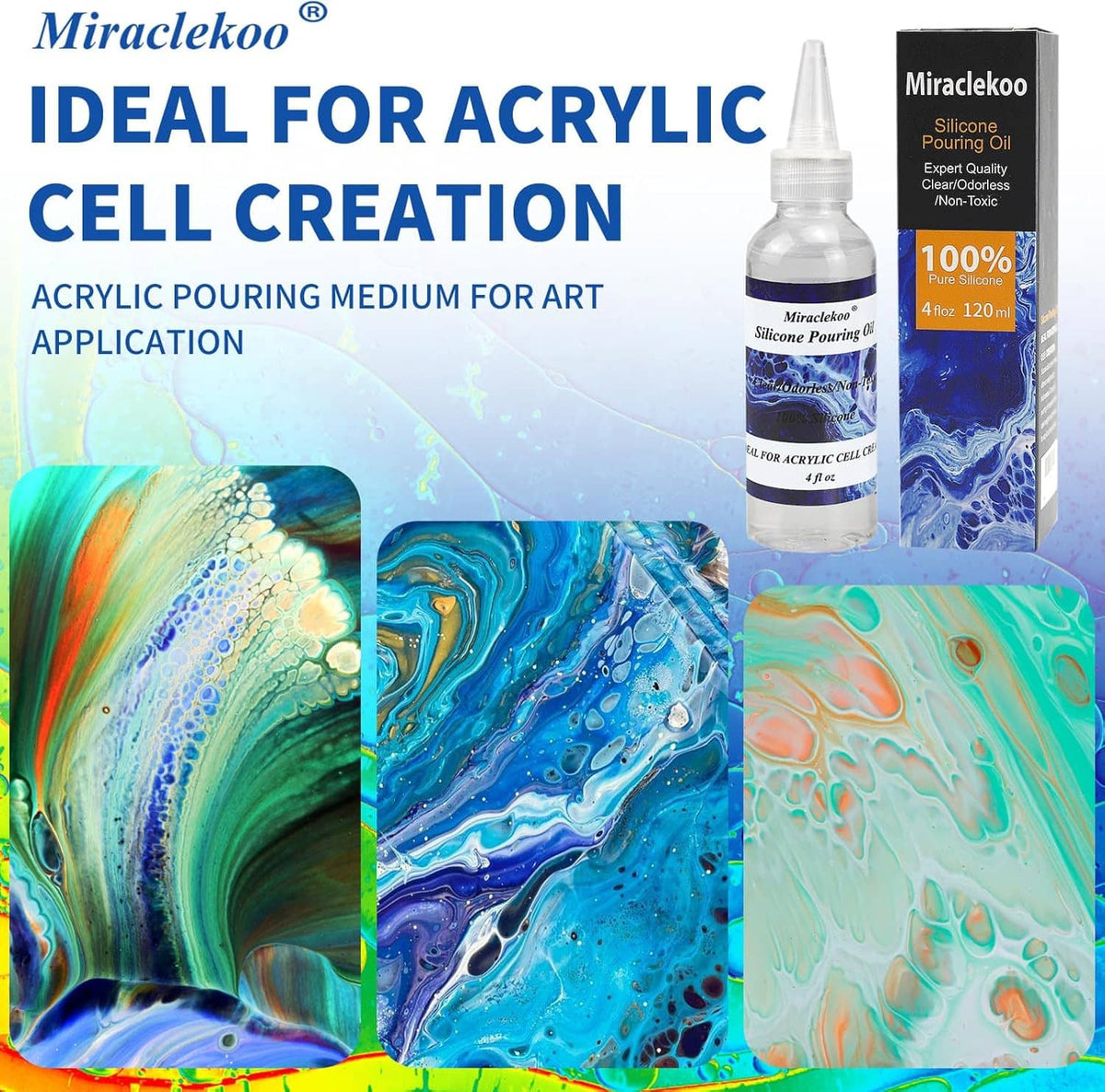 Silicone pouring oil bottle and box with acrylic cell art samples