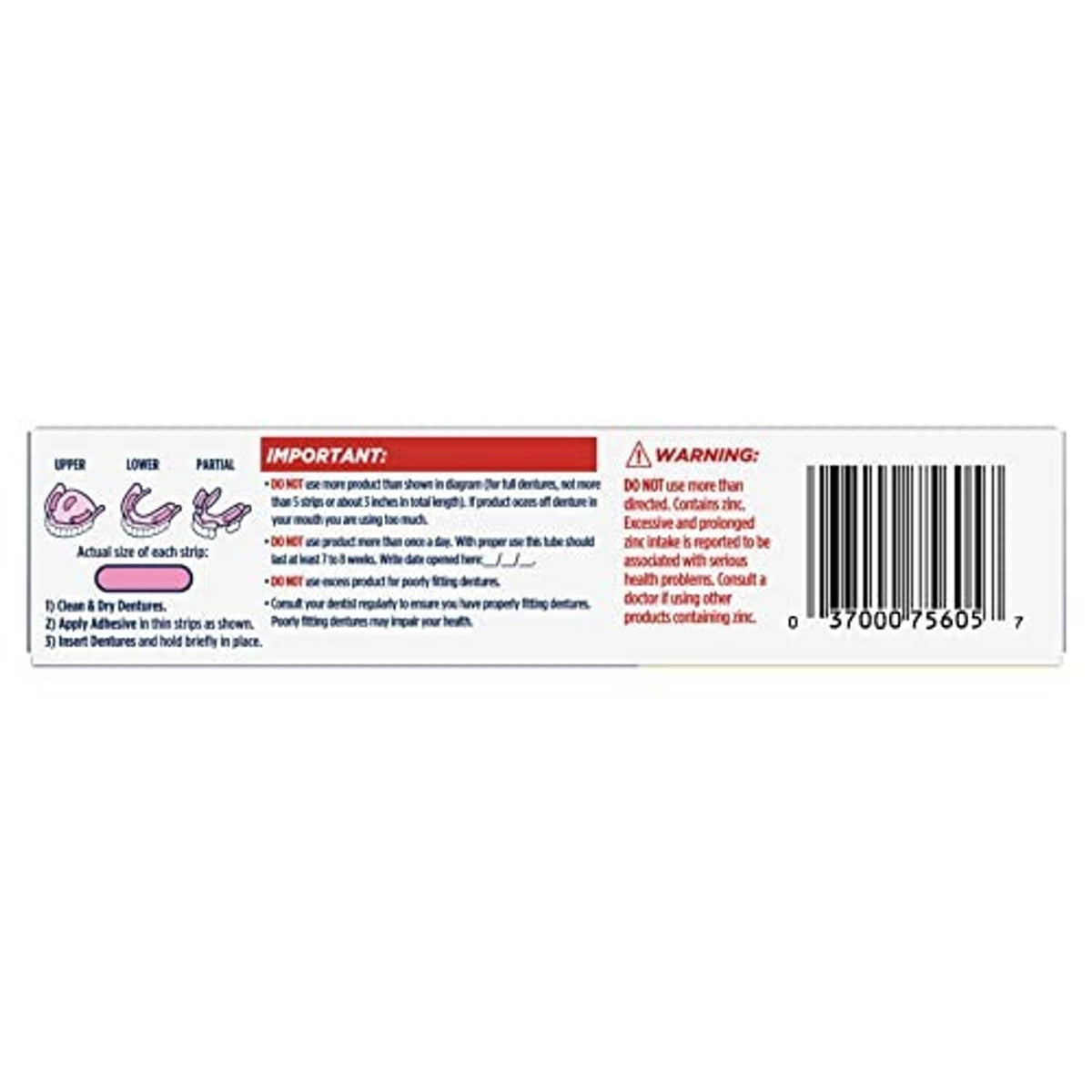 Denture adhesive packaging back panel with directions and barcode