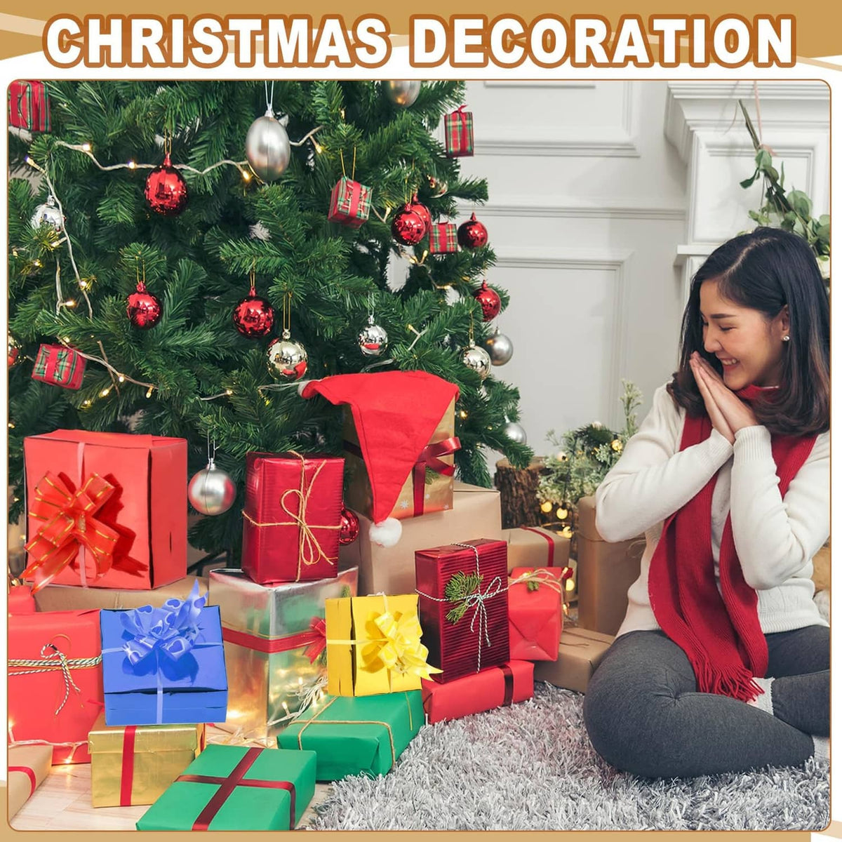 Wrapped holiday gift boxes with metallic-style paper and decorative bows