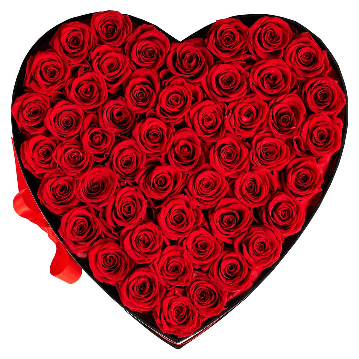 Heart-shaped box filled with red preserved roses and a red ribbon