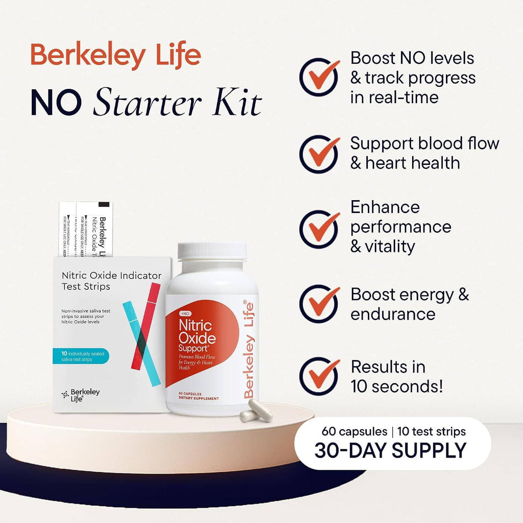 Berkeley Life NO Starter Kit with capsule bottle, test strip pack, and 30-day supply label