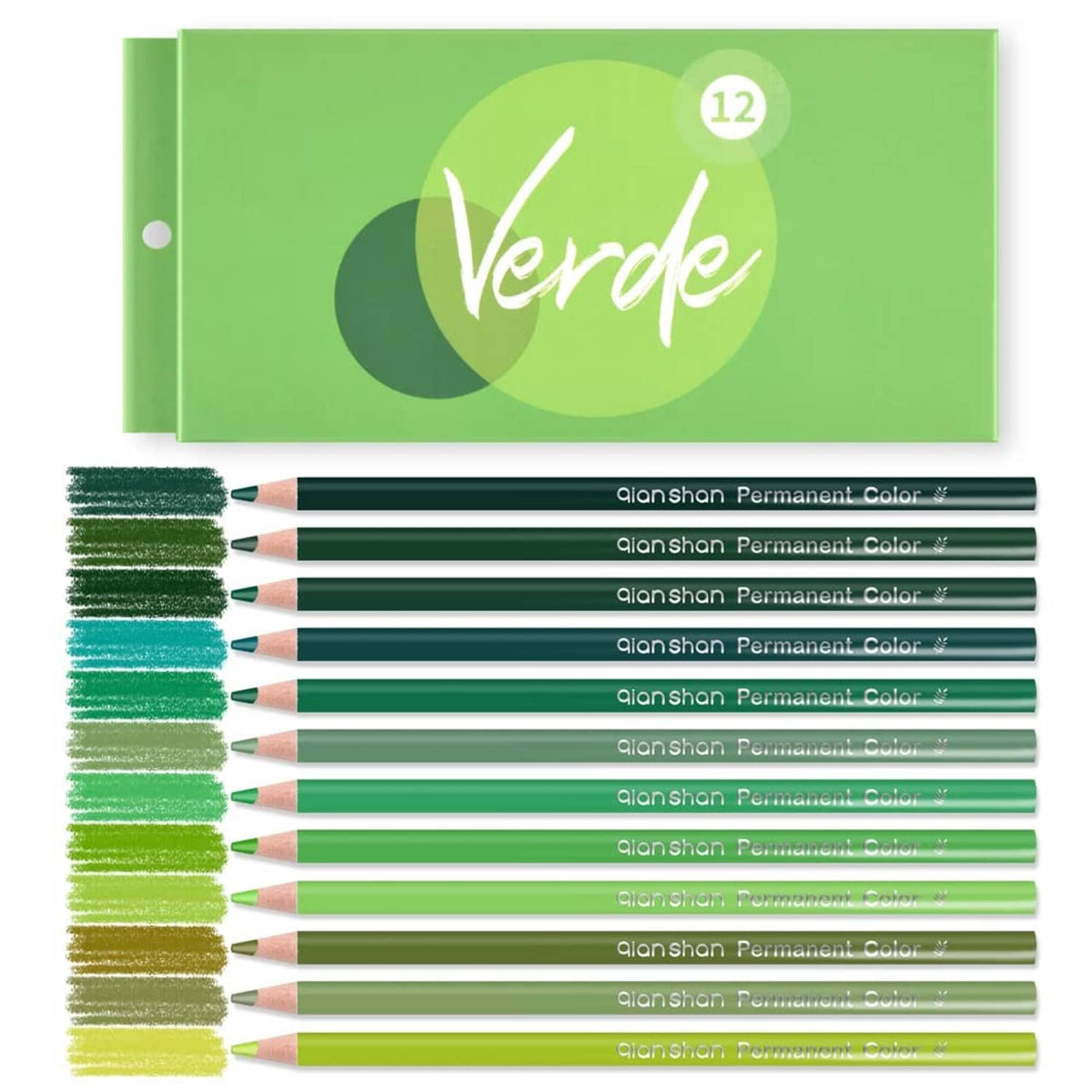 Pre-sharpened oil-based green colored pencil set, wooden pencils in 12 green shades
