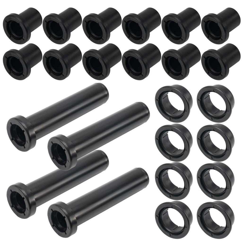 Black A-arm bushing set with rubber bushings, metal shafts, and round retaining washers