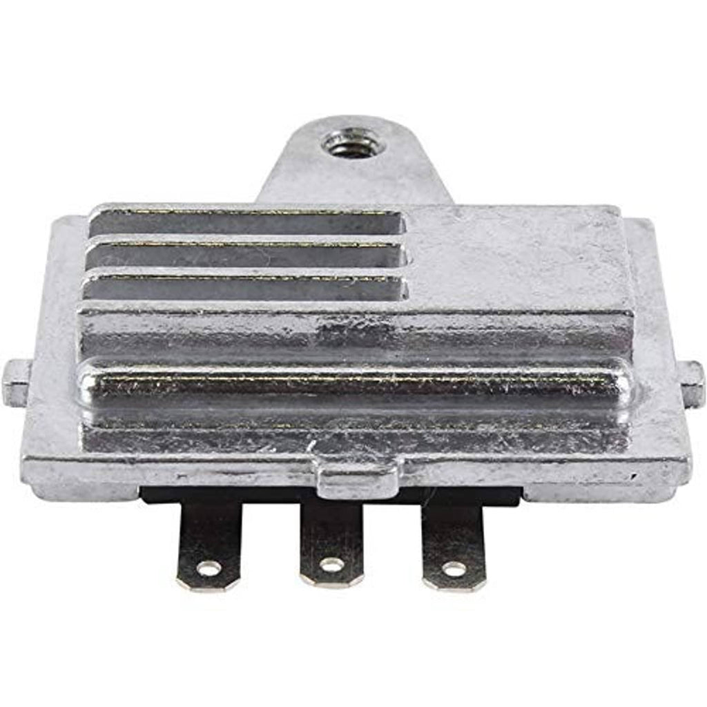 Metal voltage regulator module with heatsink fins and three electrical pins