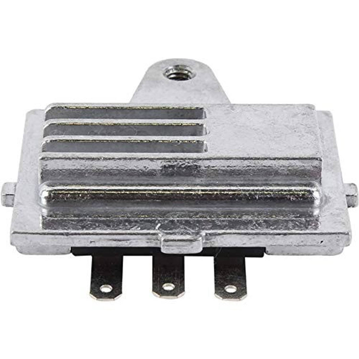 Metal voltage regulator module with heatsink fins and three electrical pins