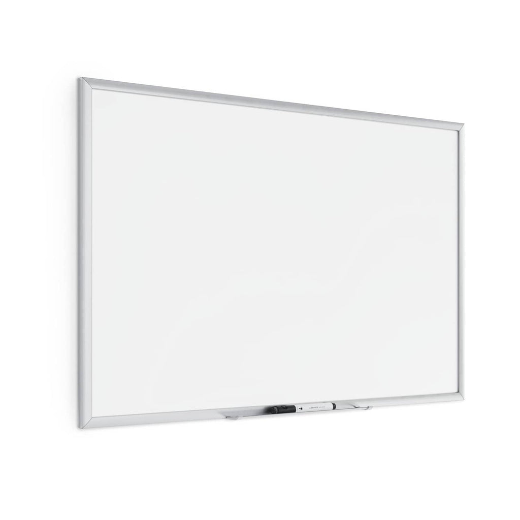 White dry erase board with silver frame, blank writing surface