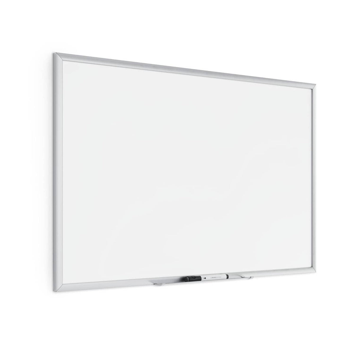White dry erase board with silver frame, blank writing surface