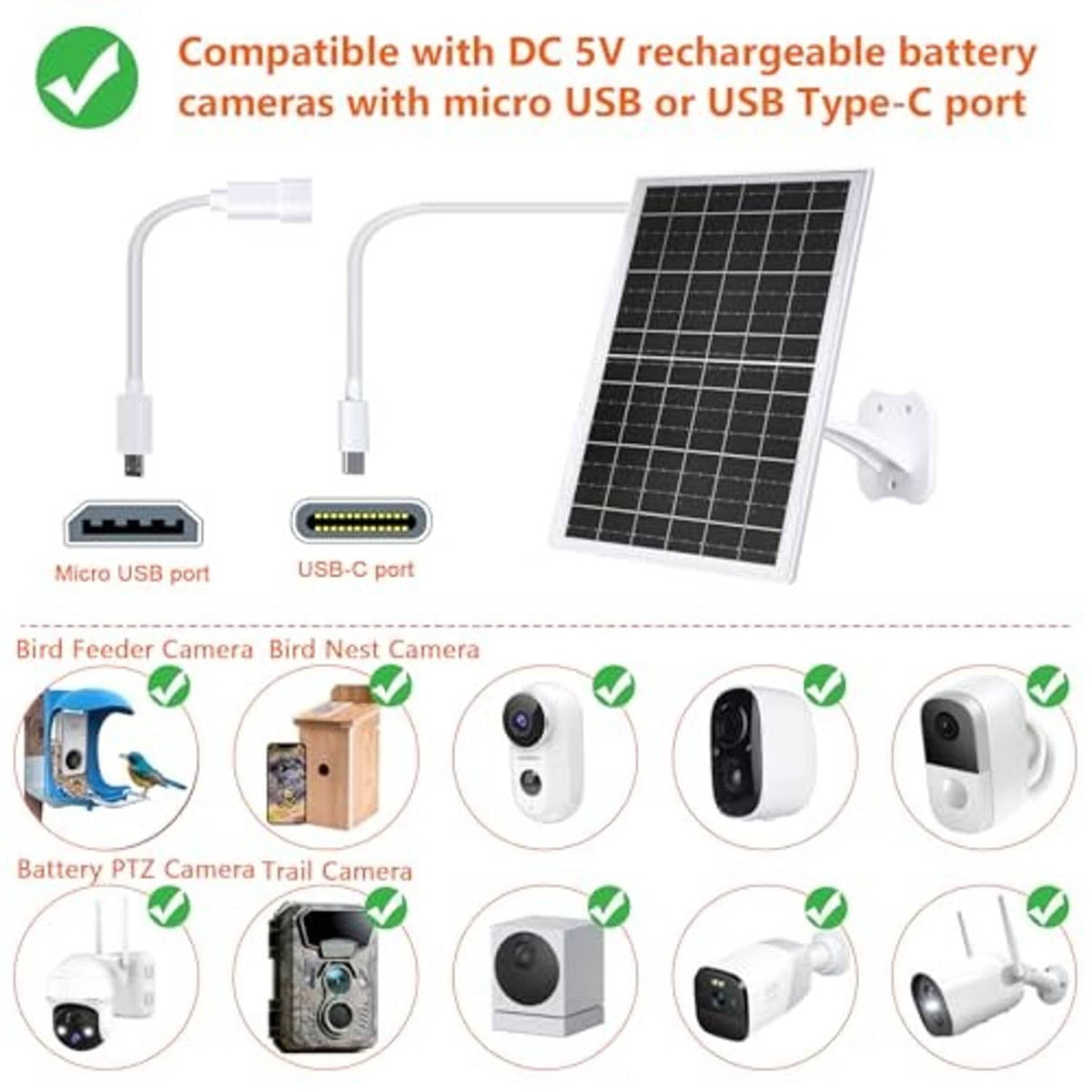 Solar charger kit with solar panel, white mount, and micro USB and USB-C cables