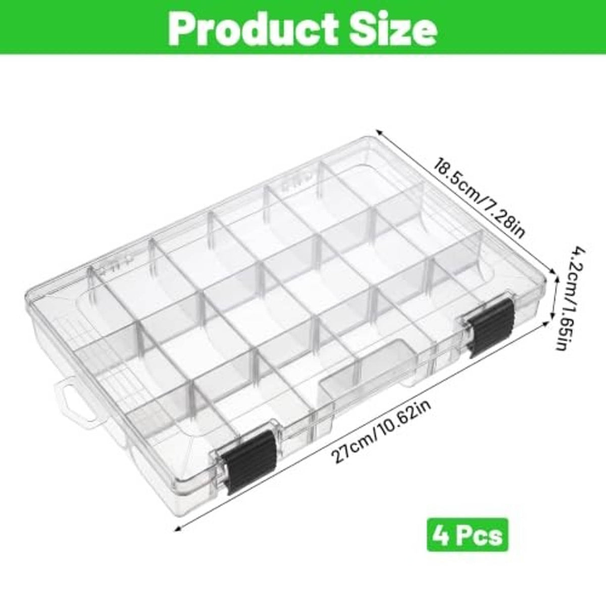 Clear tackle box with open lid and grid-style adjustable dividers