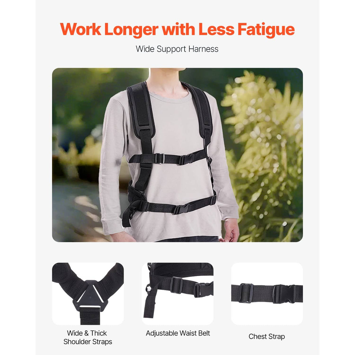 Adjustable pressure washer support harness with wide shoulder straps and waist belt