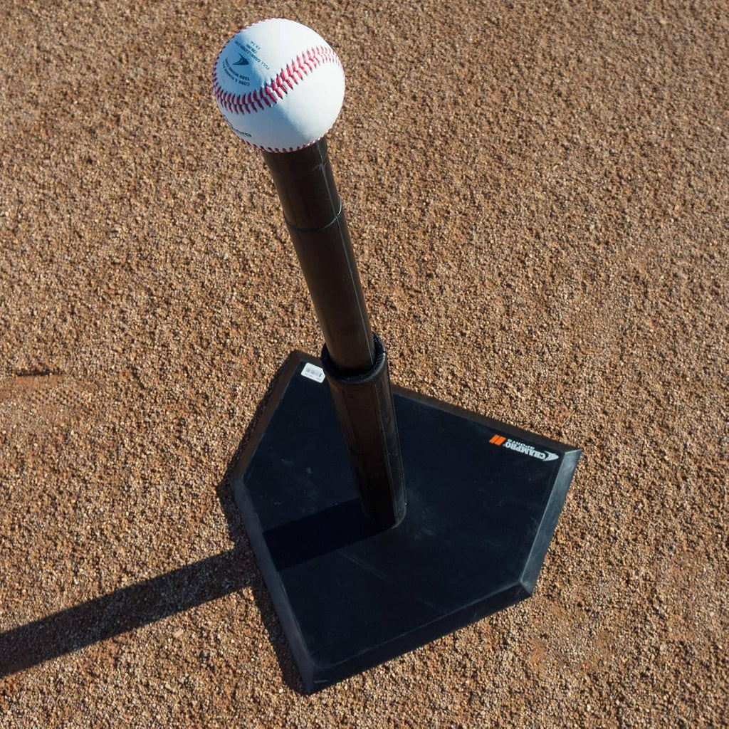 Batting tee with black post and white baseball resting on top