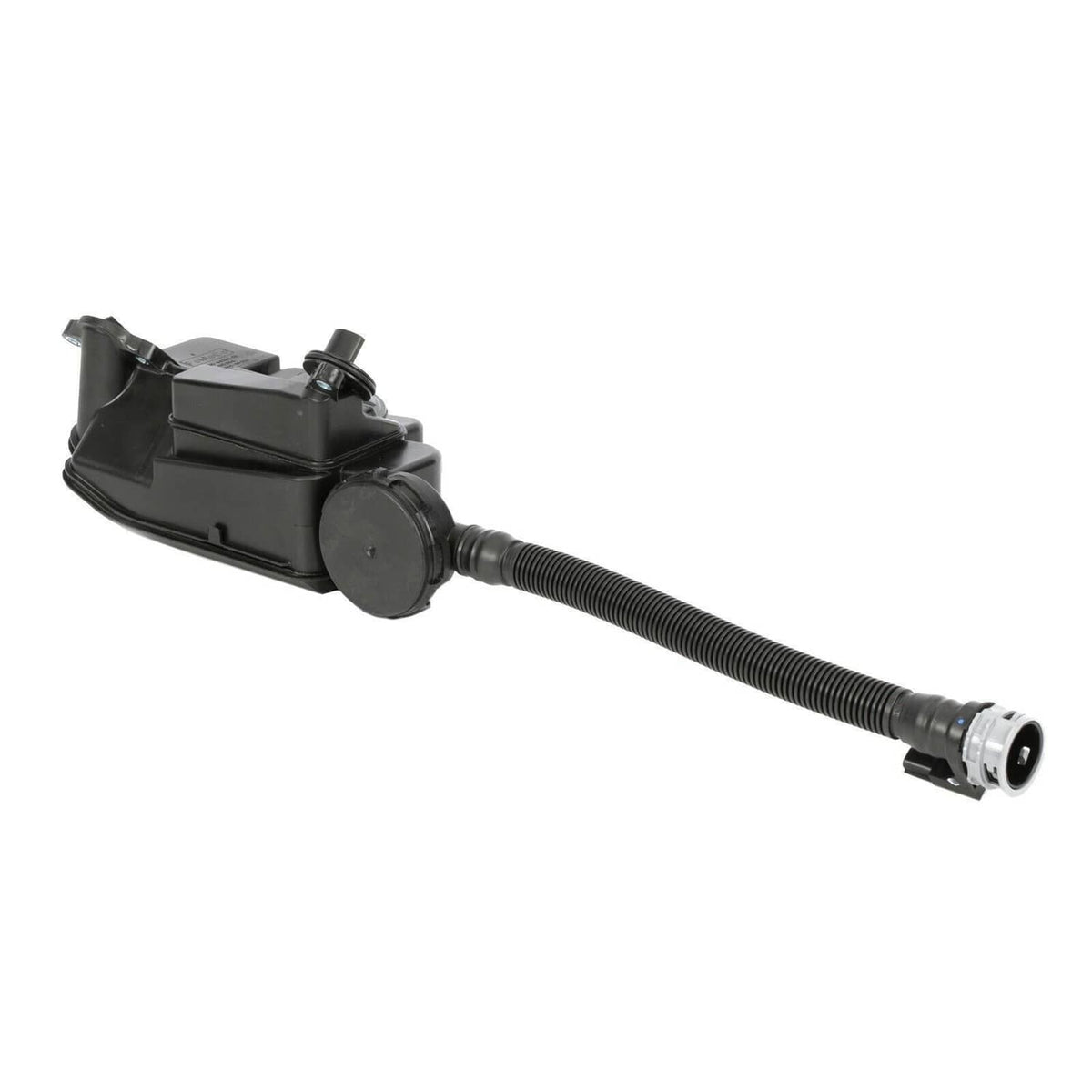 Oil separator assembly with molded housing, valve piece, and ribbed hose