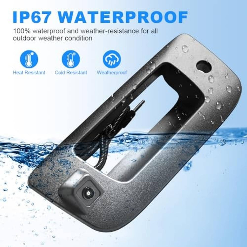 Rear tailgate backup camera handle with waterproof, raindrop-splashed metal housing