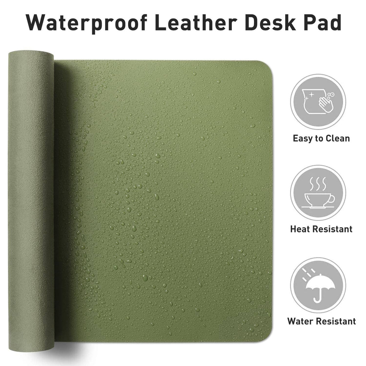 Olive green desk pad with water-bead texture and rolled side