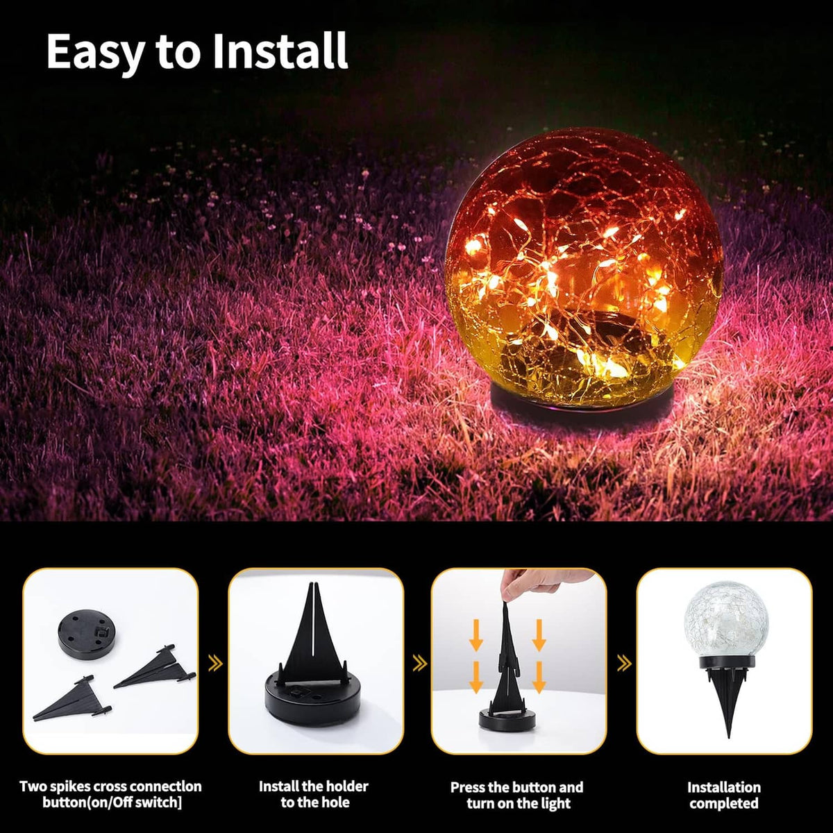 Solar glass globe light, gradient red glow in cracked globe on dark pedestal base