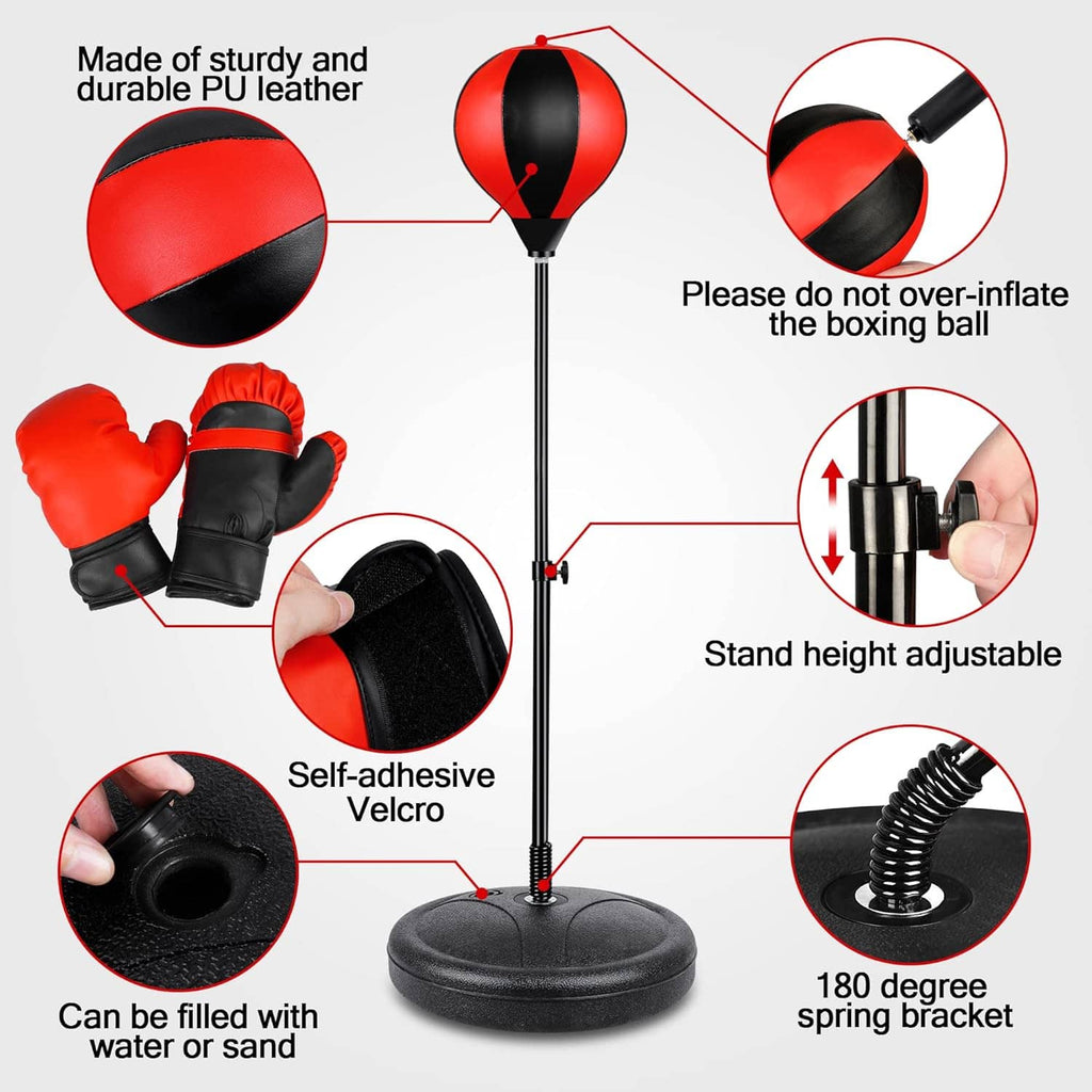Kids punching bag stand with red-and-black ball, gloves, and adjustable height spring