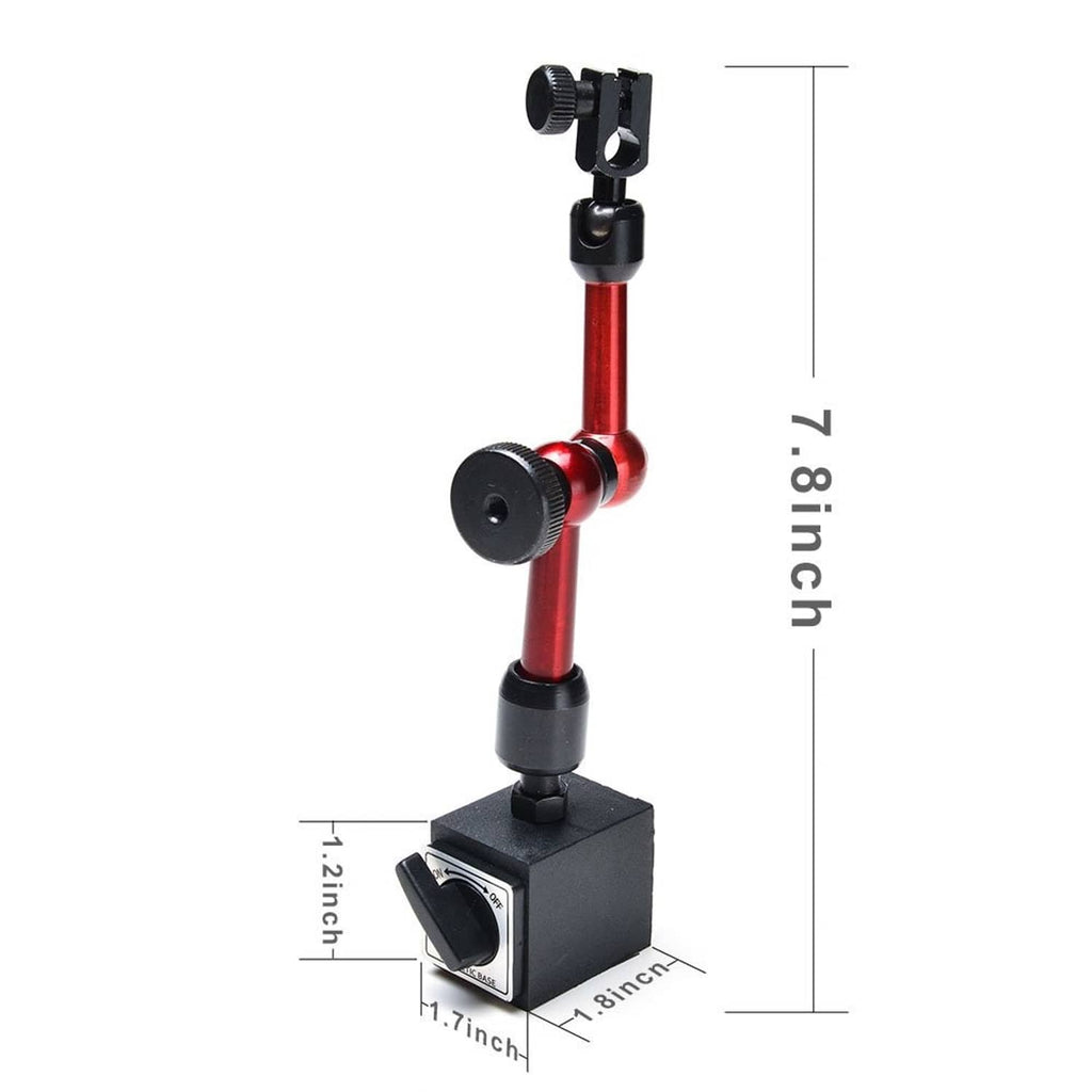 Adjustable magnetic base holder with red 3-joint arm and black mounting head; 7.8 in
