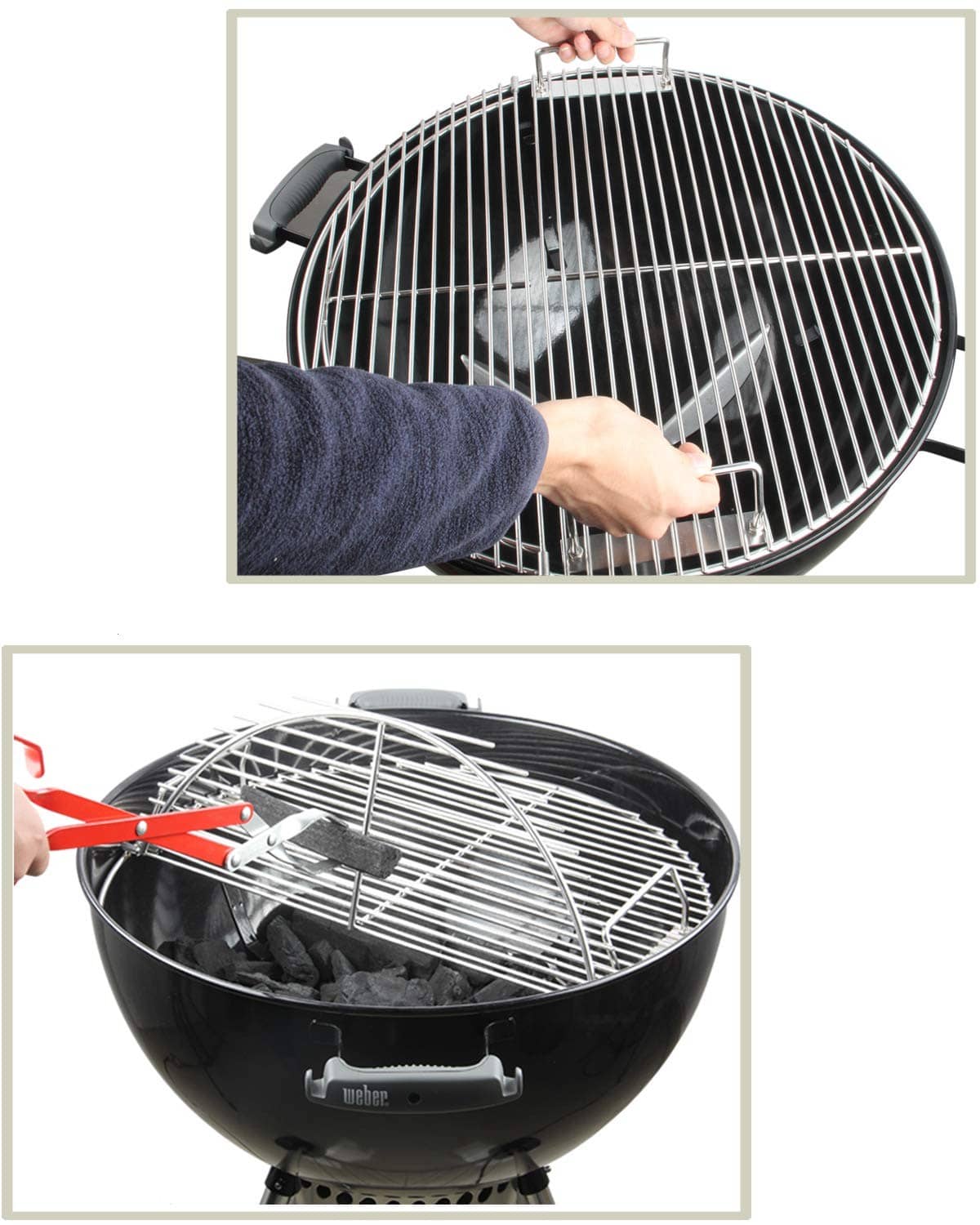 Stainless steel wire cooking grate installed on a charcoal grill kettle