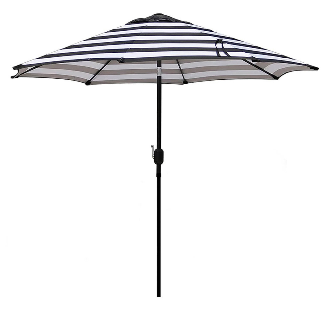 9-ft outdoor patio umbrella with navy and white striped canopy and black pole