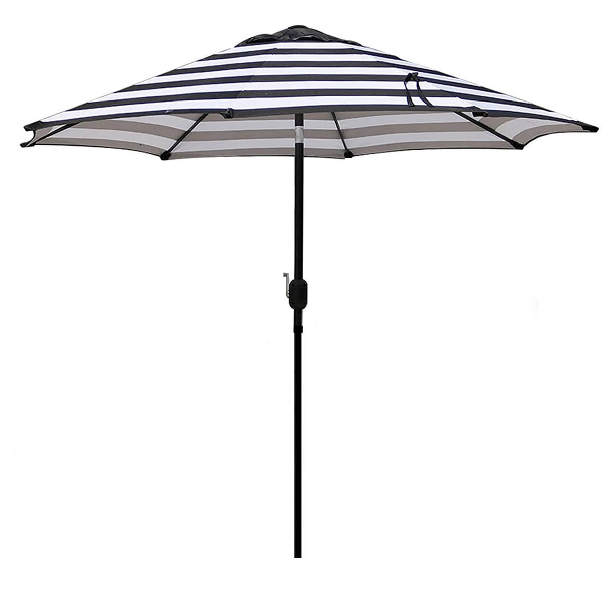 9-ft outdoor patio umbrella with navy and white striped canopy and black pole
