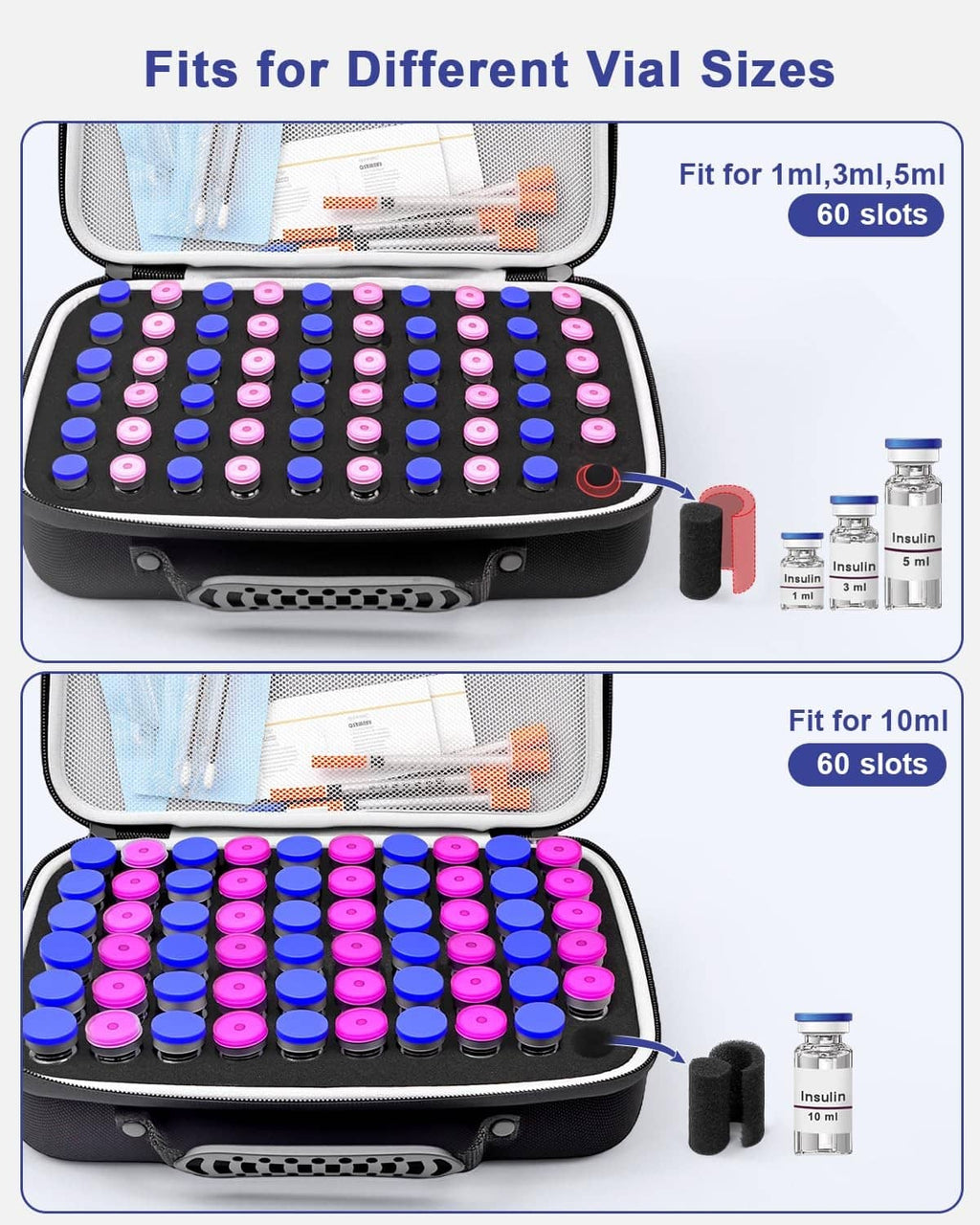 Black insulin vial storage case open with 60 vial slots and foam insert