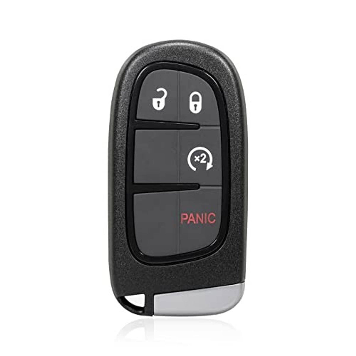 Black key fob remote with lock, unlock, x2, and red PANIC button panel
