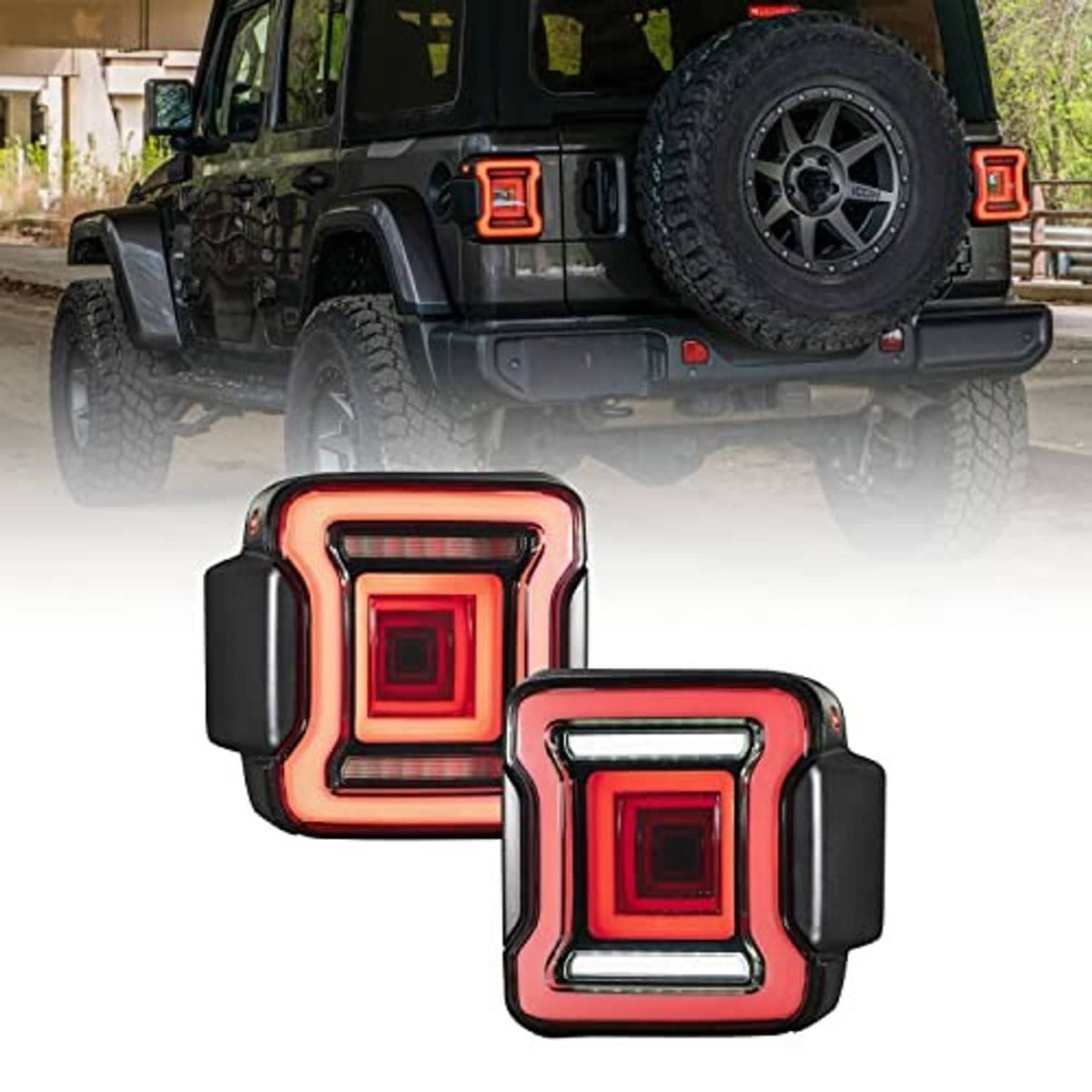 Smoked LED tail light pair with bright red illuminated square lenses and light bar accents