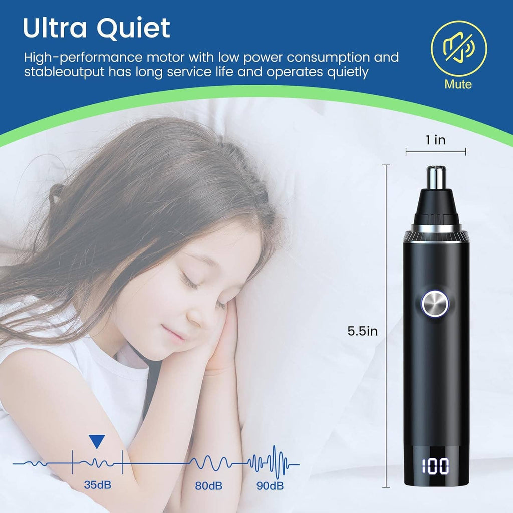 Compact black ear and nose hair trimmer with LED display and metal cutting head