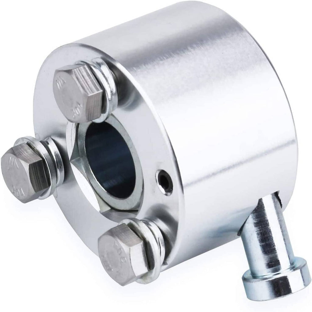 Steering wheel quick-release hub with hex bolts, lever post, and silver machined body