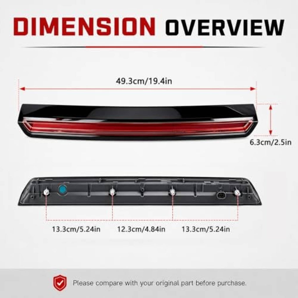 LED 3rd brake light bar with red lens, black housing and mounting tray
