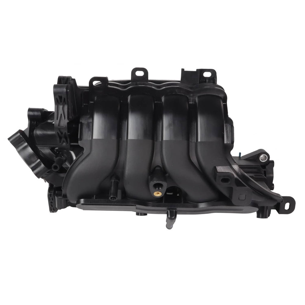 Black air intake manifold with molded intake runners and mounting bracket holes