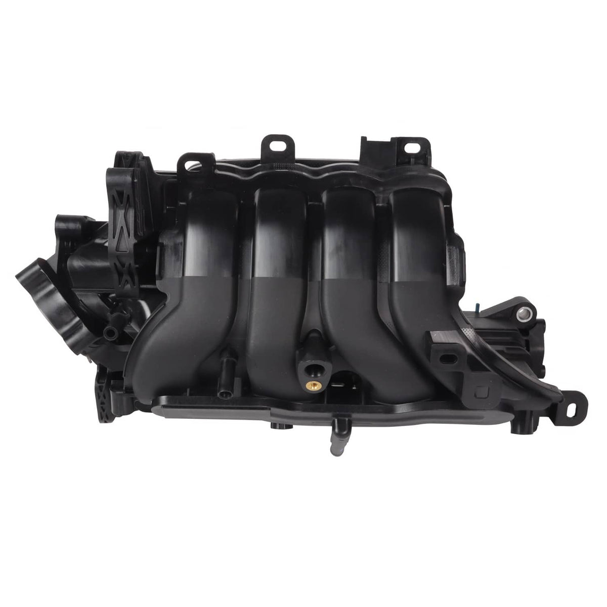 Black air intake manifold with molded intake runners and mounting bracket holes